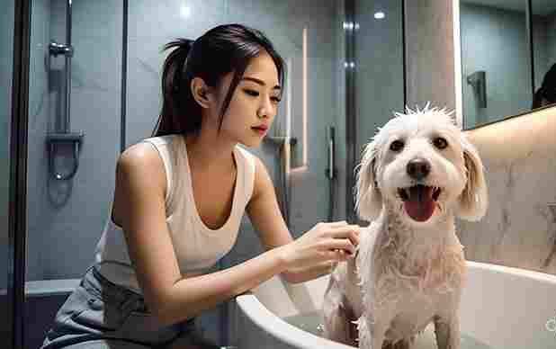 A dog owner is bathing her dog in the tub