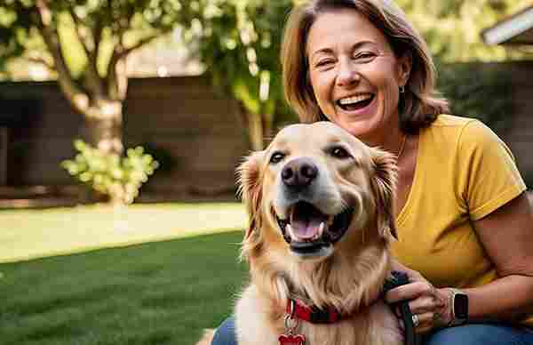 A dog owner laughs while in training how to sit and stay