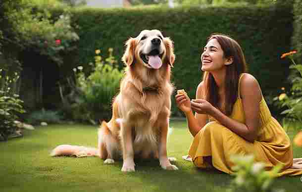 A dog owner teaches how to sit and stay in the open green garden