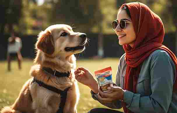 A dog owner giving a reward after training on how to sit and stay