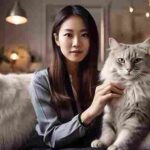 a gorgeous woman grooming her long haired cat