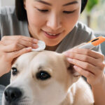 A pet owner cleaning a happy dog's ear at home