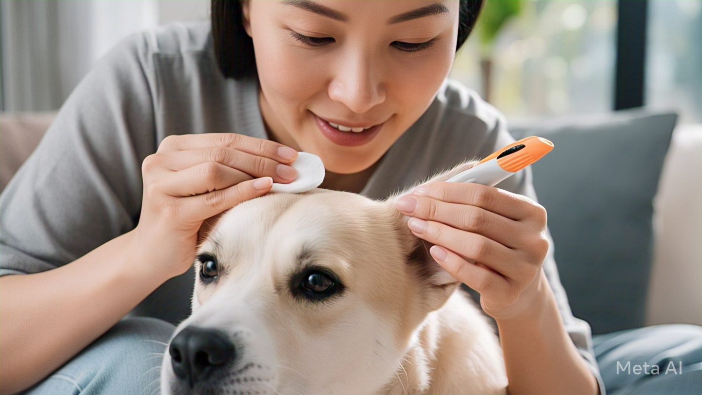A pet owner cleaning a happy dog's ear at home