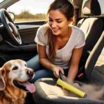 a dog parent cleaning dog hair from a car seat
