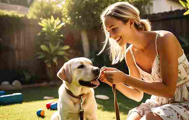 Dog sitting in a park while owner gives a treat during a fun training session
