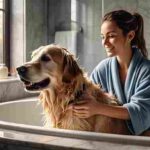 Pet owner bathing a Golden Retriever using pet-safe shampoo in a bathtub