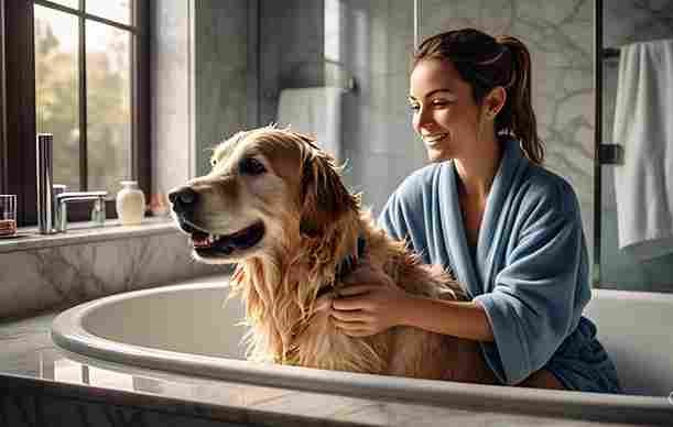 Smiling woman in a blue robe bathing a happy Golden Retriever in a modern bathroom