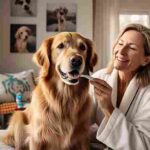 Owner gently brushing a happy dog’s teeth at home using a soft toothbrush
