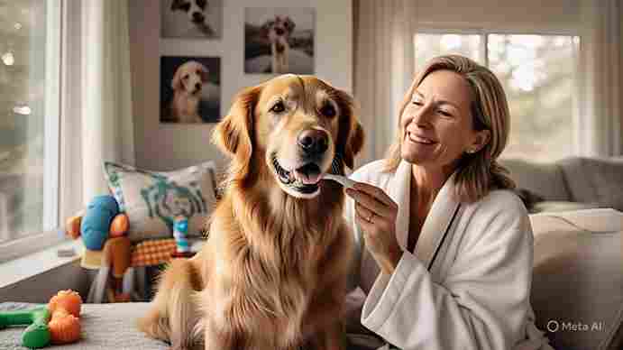 Owner gently brushing a happy dog’s teeth at home using a soft toothbrush