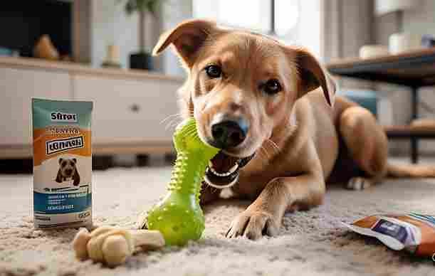 Dog chewing a dental toy on a rug with other dental care items nearby