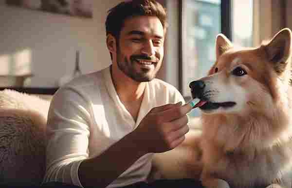 How to Brush Your Dog's Teeth At Home. Dog tasting dog-friendly toothpaste from the owner’s finger