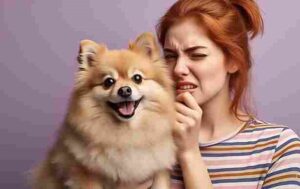 Woman reacting to her dog’s bad breath with a disgusted expression
