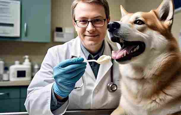 A spoonful of plain yogurt with live cultures given to a dog to improve gut health and freshen breath naturally