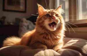 Orange tabby cat meowing near a sunny window – why cats meow