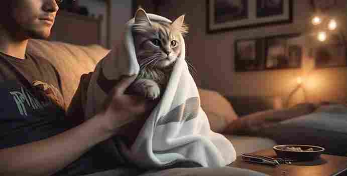  Cat wrapped in towel with paw out for nail trimming.