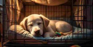 Calm dog sleeping peacefully in a comfortable crate at night