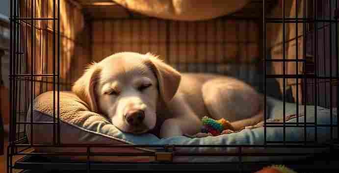 Calm dog sleeping peacefully in a comfortable crate at night