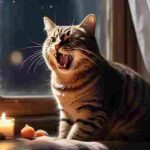 Female cat yowling near a window during heat cycle at night