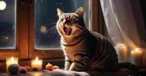 Female cat yowling near a window during heat cycle at night