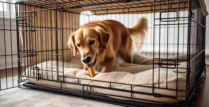 Comfortable dog crate with bed, toy, and den-like cover