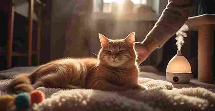 Cat being comforted during the heat with a calm environment