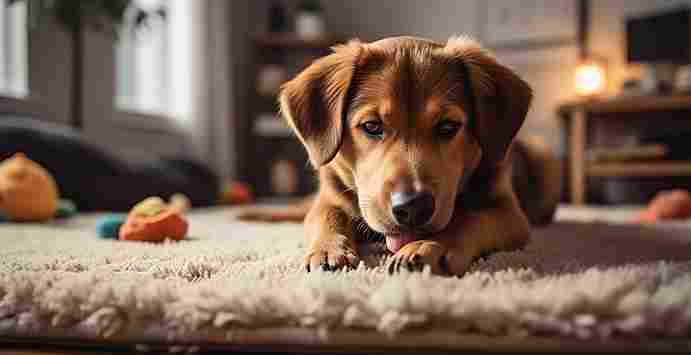 Bored dog lying on the floor licking its paw