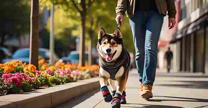 Dog wearing protective boots while walking on a sidewalk"