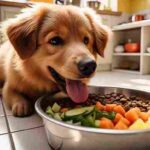 Medium-sized dog eating a balanced diet with kibble and vegetables