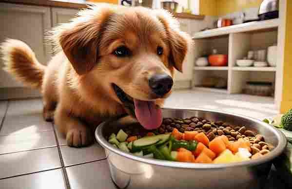 Medium-sized dog eating a balanced diet with kibble and vegetables