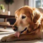 Dog sitting on a floor licking its paw with a worried expression