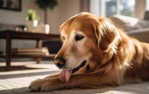 Dog sitting on a floor licking its paw with a worried expression