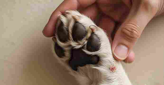 Dog’s paw showing slight redness from allergies, Why Is My Dog Licking Their Paws