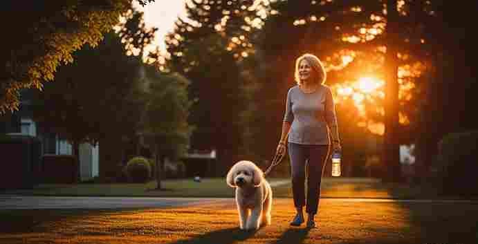Owner walking dog in the evening as part of bedtime routine
