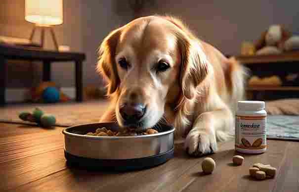 Senior dog eating a healthy diet with age-appropriate food and supplements