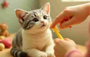 Cat getting its teeth brushed at home with a finger toothbrush by its owner
