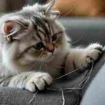 Cat scratching furniture with claws extended on a gray couch.
