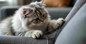 Cat scratching furniture with claws extended on a gray couch.