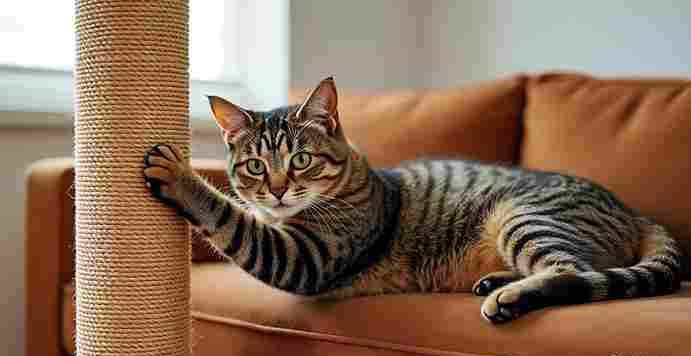 Cat scratching a tall sisal post near furniture.
