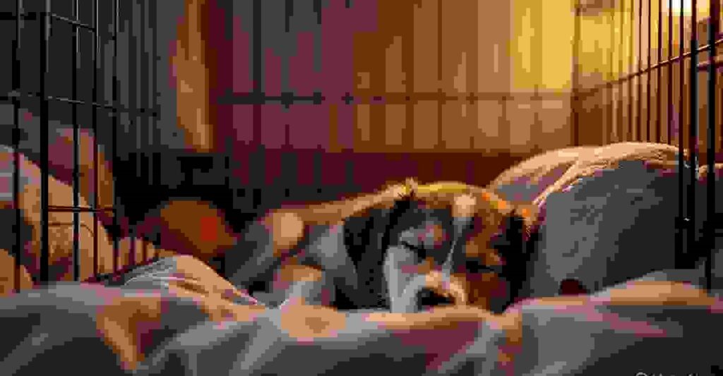 Sleepy puppy resting inside a crate at night with soft bedding