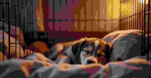 Sleepy puppy resting inside a crate at night with soft bedding