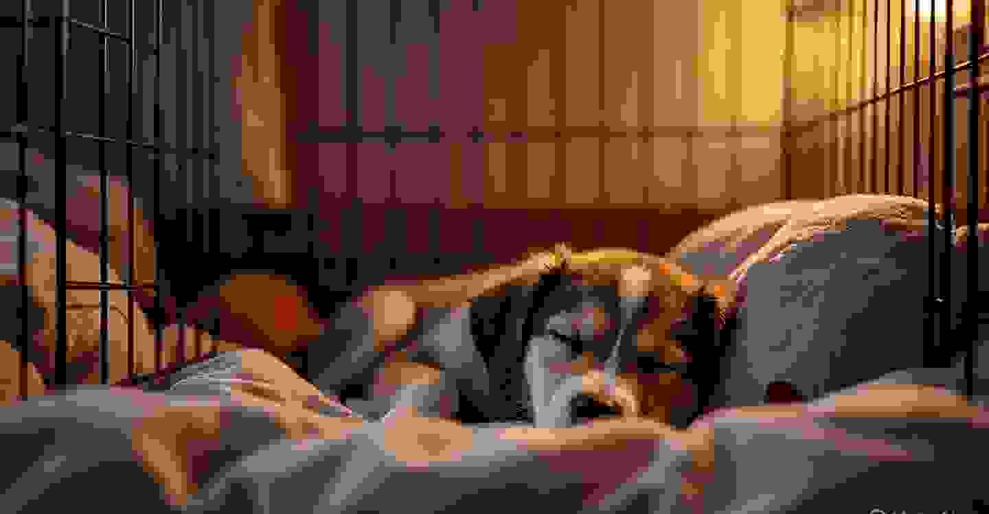 Sleepy puppy resting inside a crate at night with soft bedding