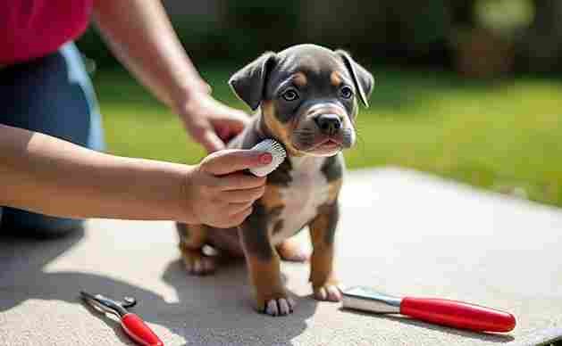 Owner grooming a Pitbull puppy outdoors