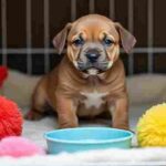 Healthy Pitbull puppy in a crate with toys and soft bedding