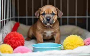 Healthy Pitbull puppy in a crate with toys and soft bedding