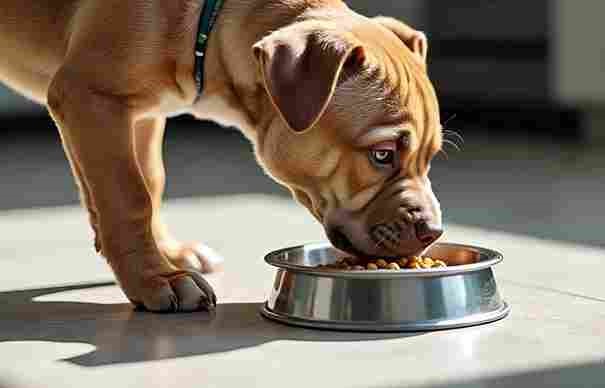 Care of a Pitbull Puppy. Pitbull puppy eating high-quality dog food from a bowl.