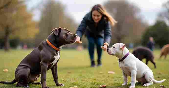 Pitbull puppy being trained with treats in a park