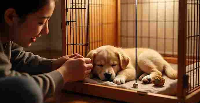 Crate Train a Puppy at Night Time, Puppy getting ready for bed during a calm nighttime routine near the crate