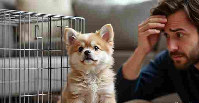 Anxious puppy whining in crate with owner reacting emotionally