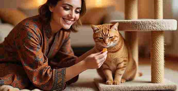 Woman rewarding her cat with a treat after it used a scratching post.