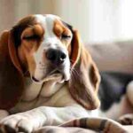 A calm Basset Hound with long ears lying on a couch with a plaid blanket